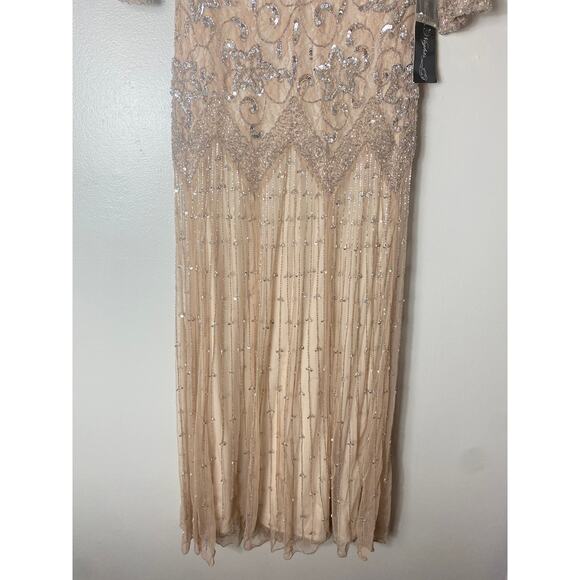 PISARRO NIGHTS DRESS 2 TAN BEIGE GOWN MOB FALL EVENING LONG FORMAL SEQUIN BEADED - Picture 7 of 16